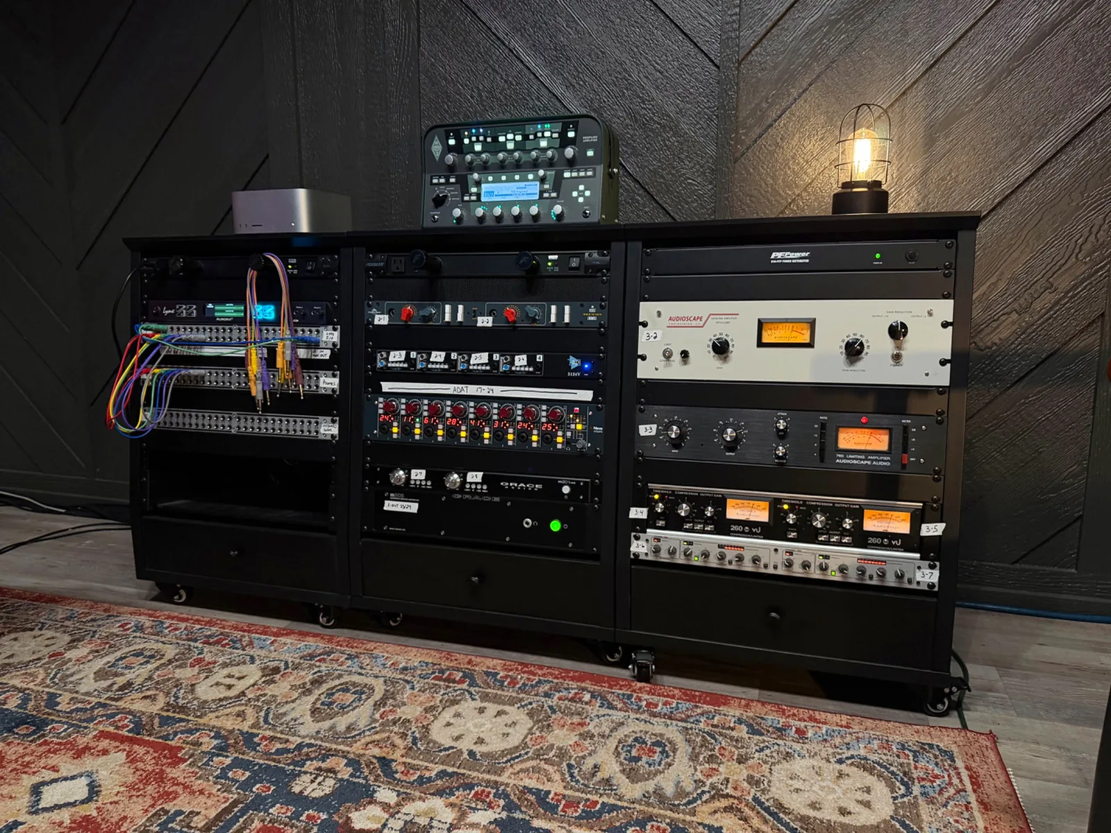 Analog outboard and preamp racks in Jeremy Moyers studio