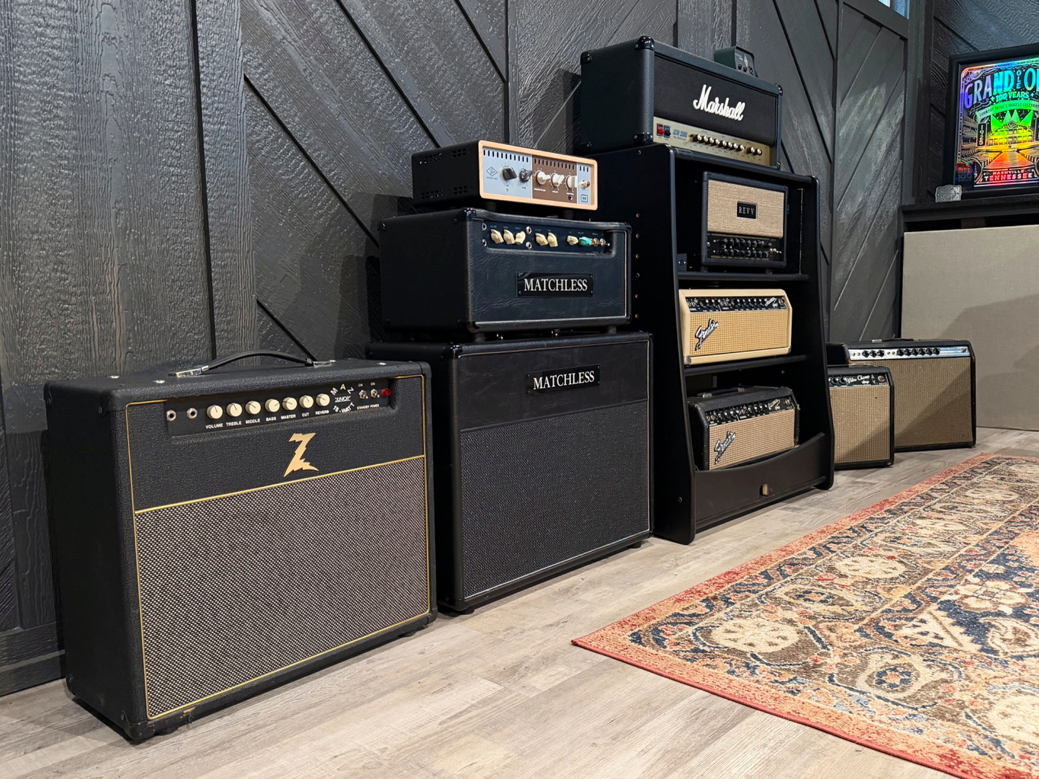 Vintage and modern amplifier collection in Jeremy Moyers studio